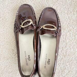 Anne Klein Glossy Brown Loafers with Gold Accent